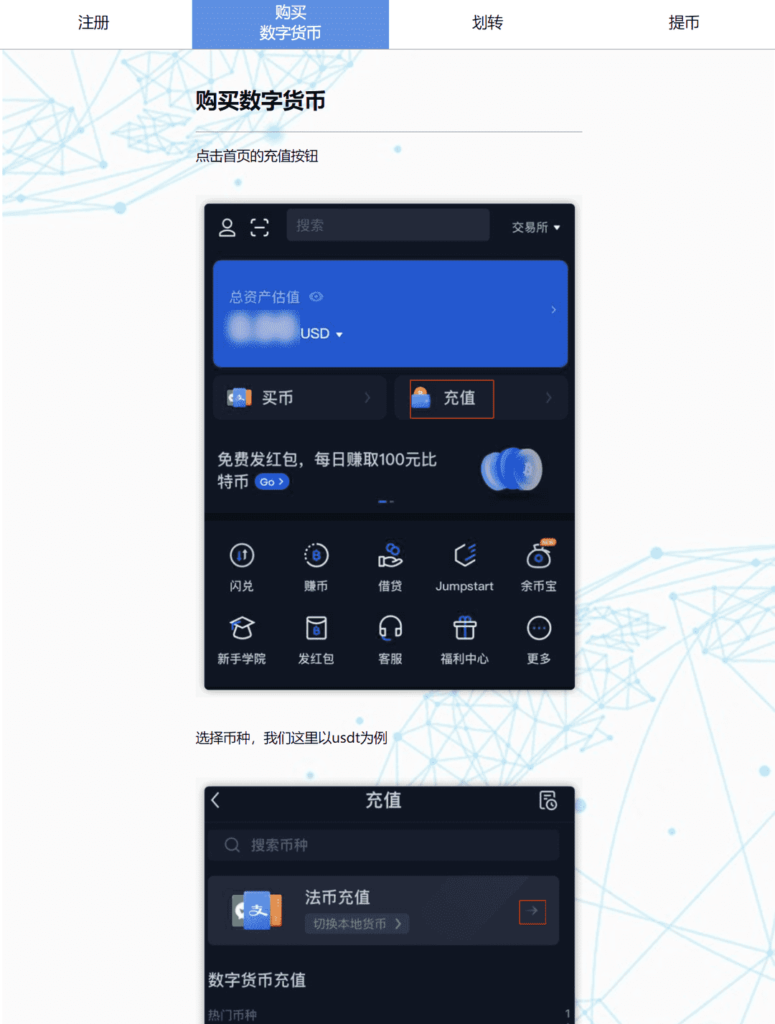 USDT 虚拟币的注册 购买 划转 提币流程单页面HTML静态JS切换文件插图1
