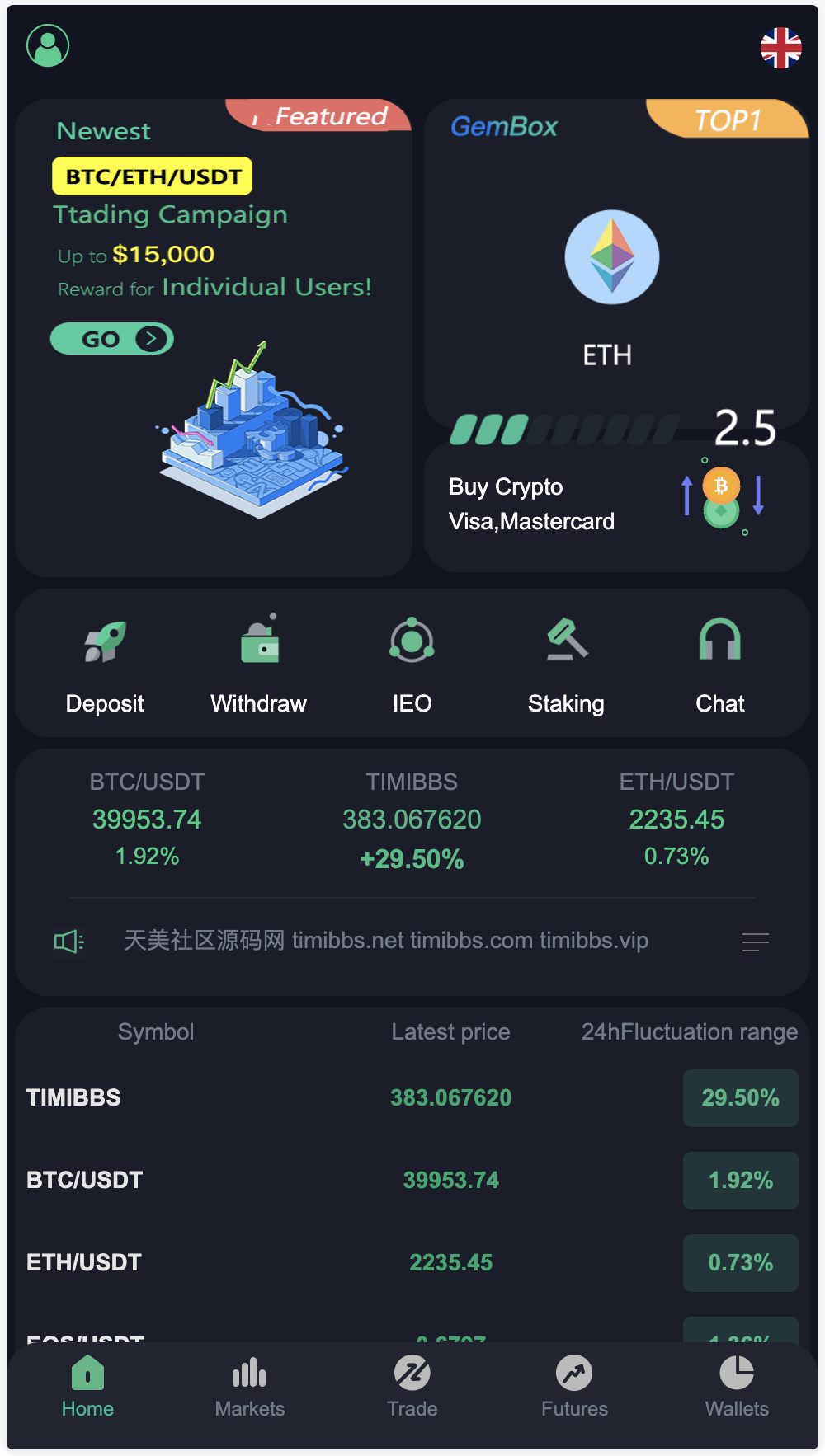 Gemini多语言交易所源码/币币交易+秒合约交易DeFi矿机+IEO认购+机器人刷单/k线结算都正常/自开k线/全开源运营版-源码交易网